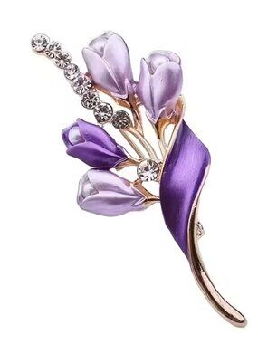 Brooch Tulips Purple & Lavender Enamel Petals Imitation Pearls & Rhinestones